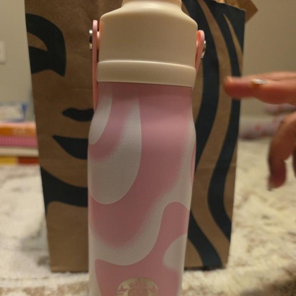 Starbucks Pink Collection item- Pink and white abstract swirl water bottle